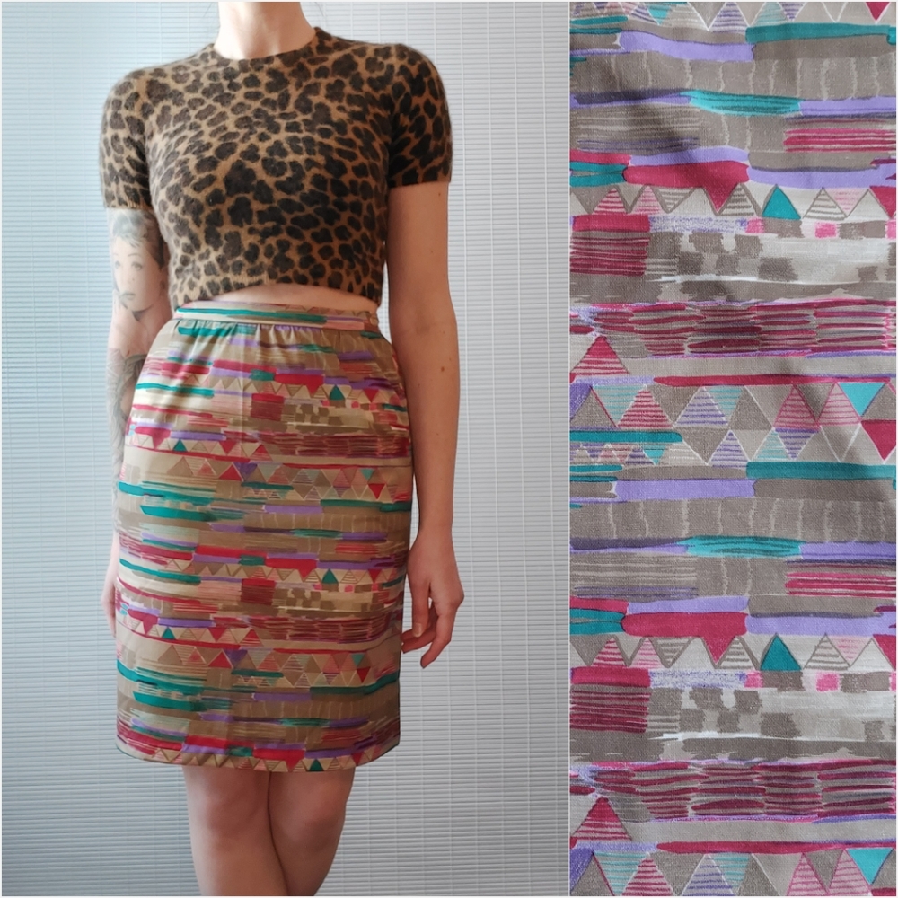 80s Vintage Abstract Print High Waist Skirt Medium Tan Pink Teal Purple